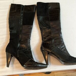 Bandolino size 10 black mixed media leather knee high boots lightly worn w/ box